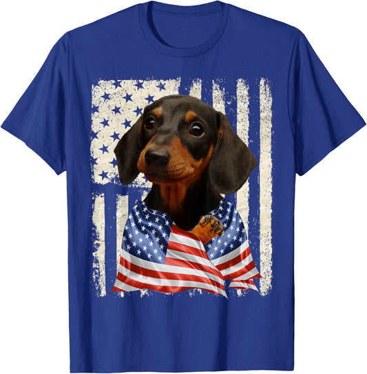 Dachshund Dog American Flag 4th Of July Patriotic T-Shirt - T-Shirt | Royal
