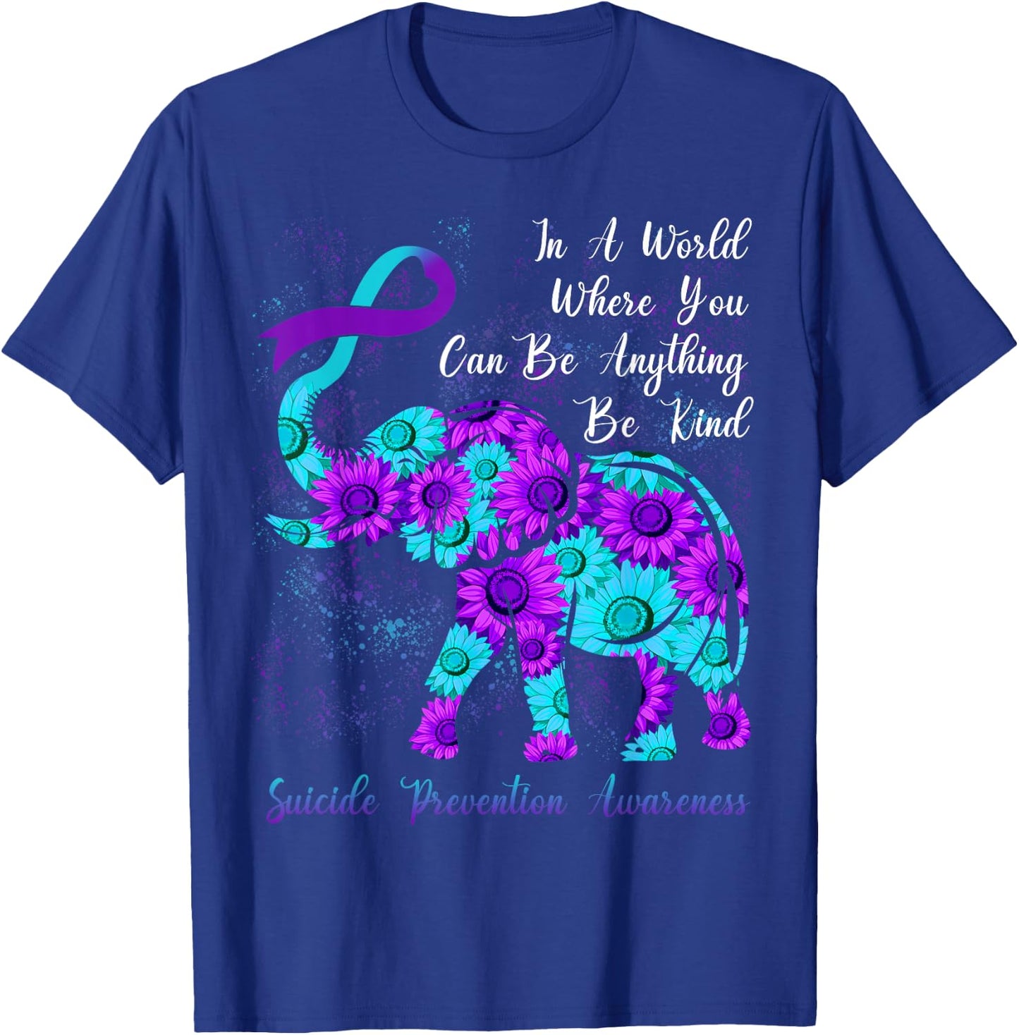 Suicide Prevention Awareness Teal Purple Sunflower Elephant T-Shirt - T-Shirt | Royal