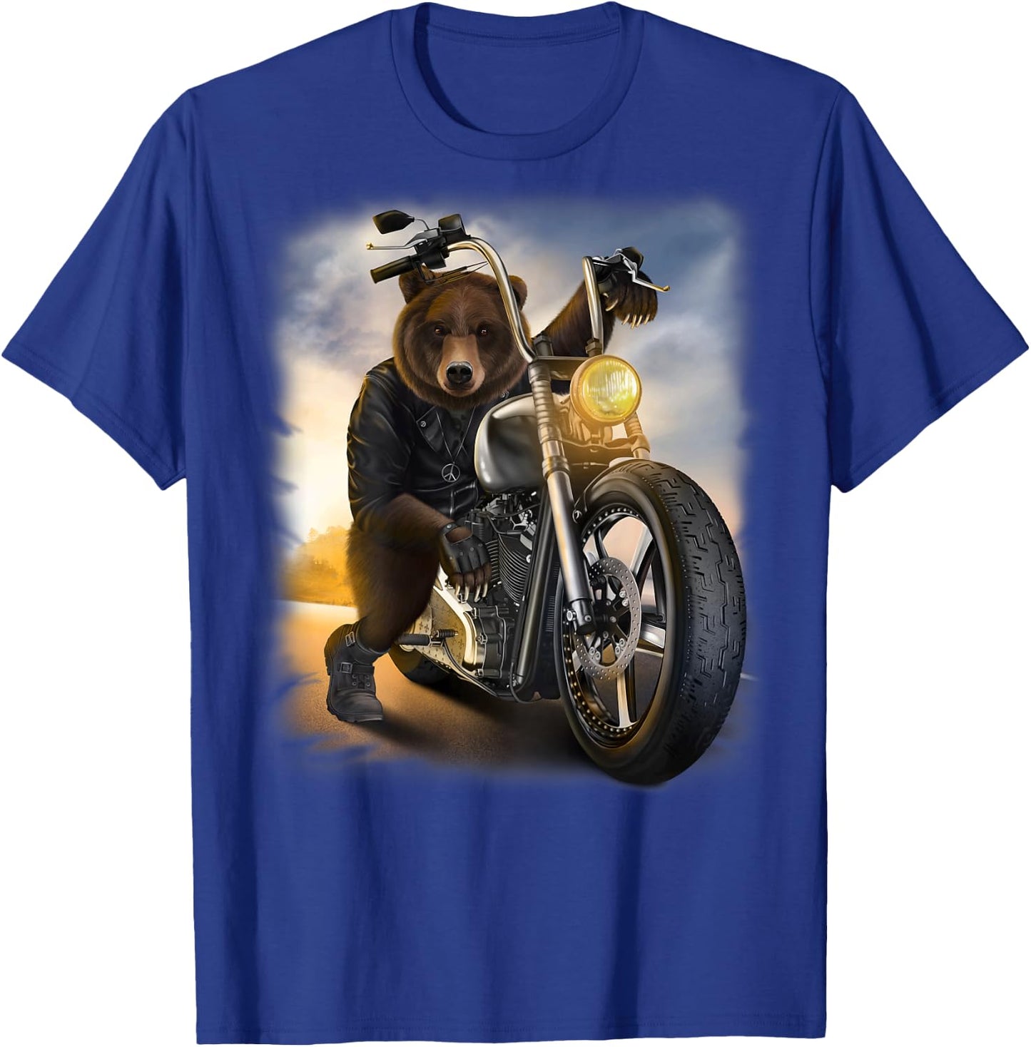 Grizzly Bear Riding Chopper Motorcycle at Sunset T-Shirt - T-Shirt | Royal