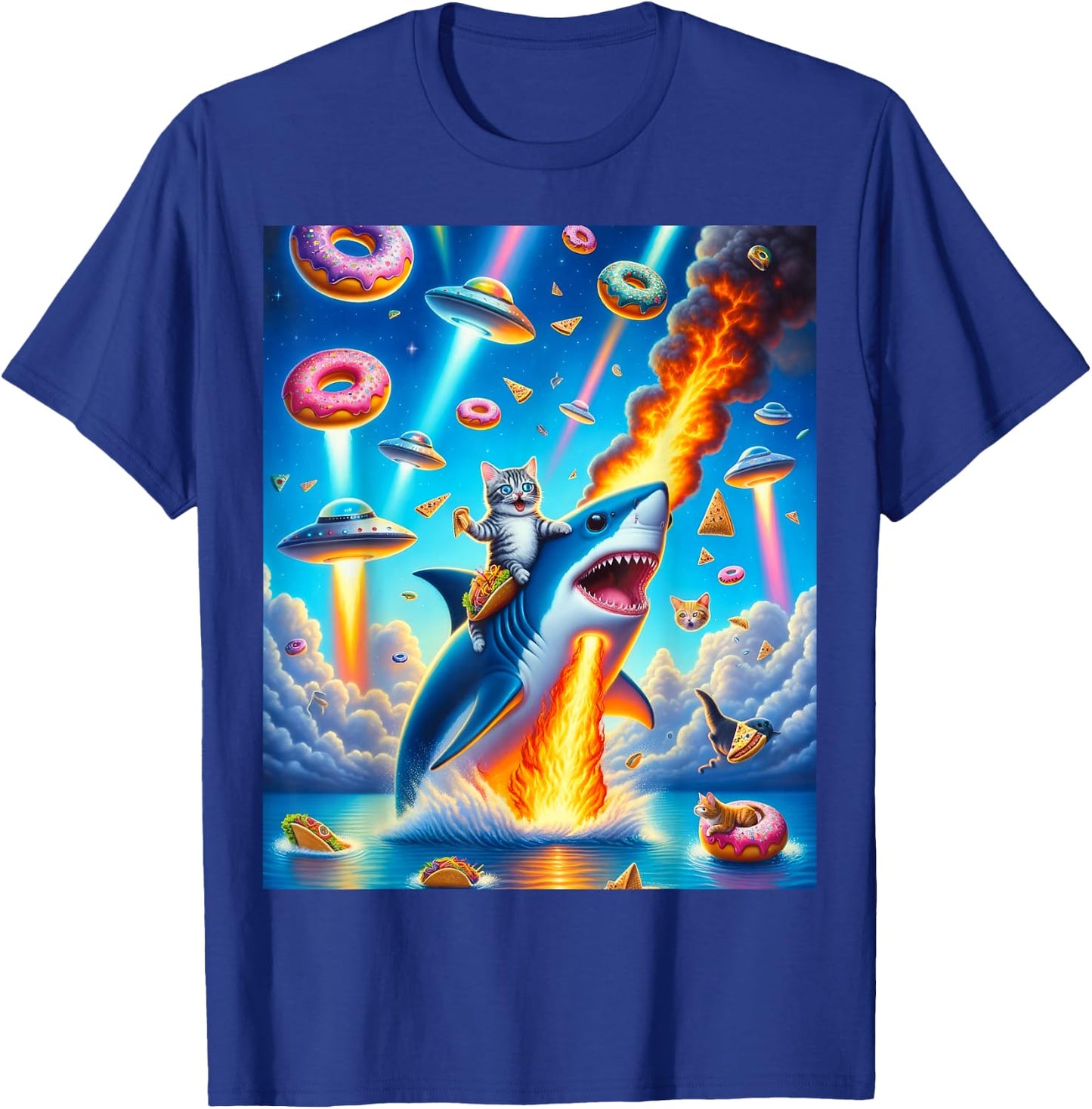 Cat Kitty Riding Fire Breathing Shark Rainbow Laser Taco T-Shirt - T-Shirt | Royal