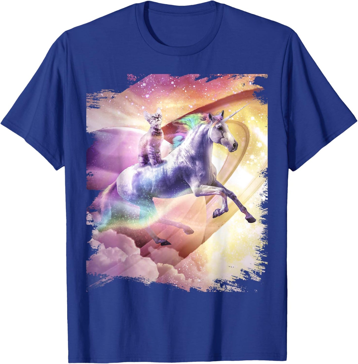 Rainbow Galaxy Cat Riding Unicorn in Space Women Girls Kids T-Shirt - T-Shirt | Royal