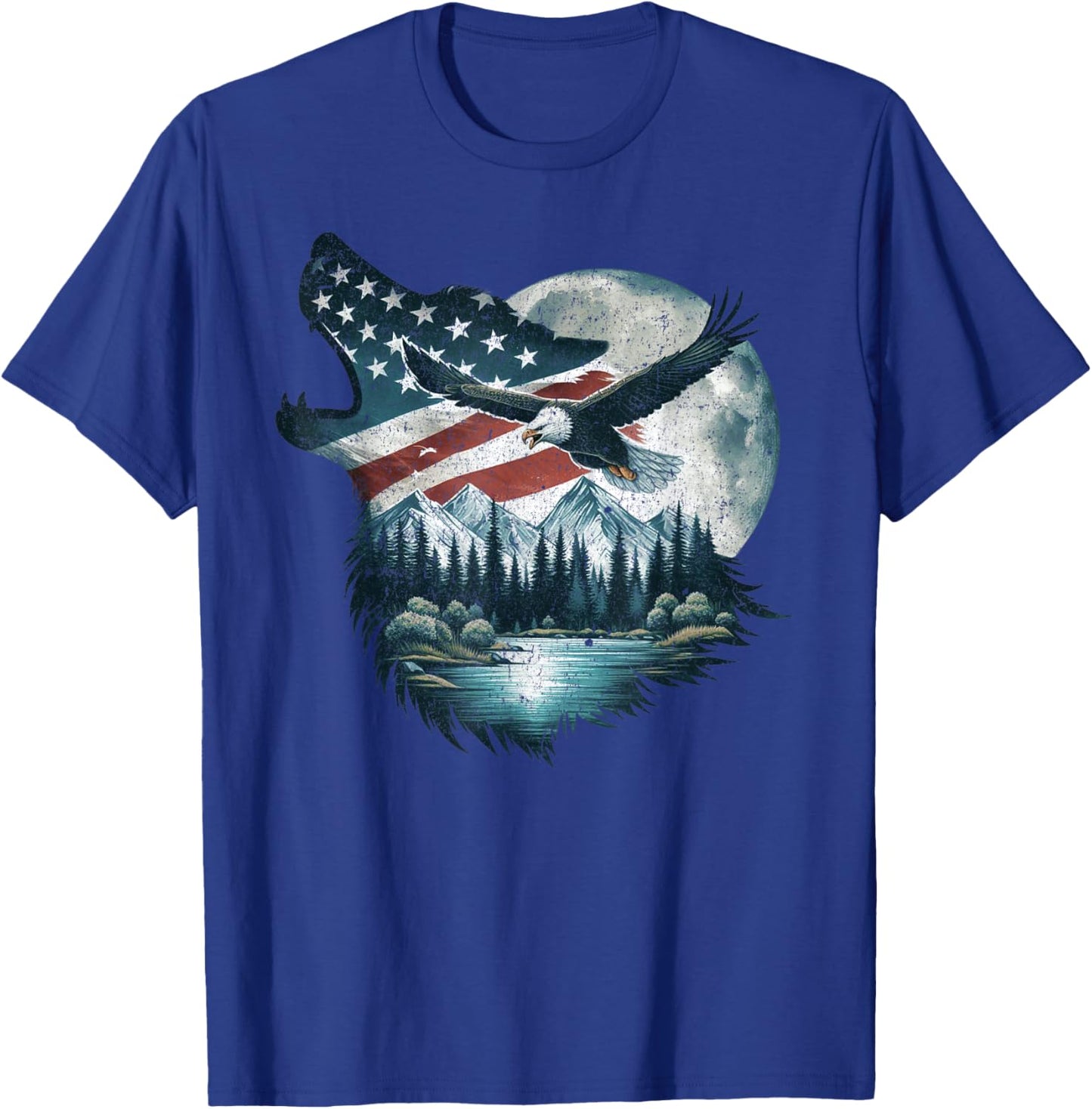 Bald Eagle Wolf US Flag 4th Of July Patriotic Man Woman T-Shirt - T-Shirt | Royal