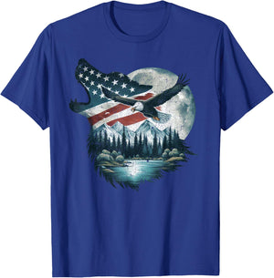 Bald Eagle Wolf US Flag 4th Of July Patriotic Man Woman T-Shirt - T-Shirt | Royal