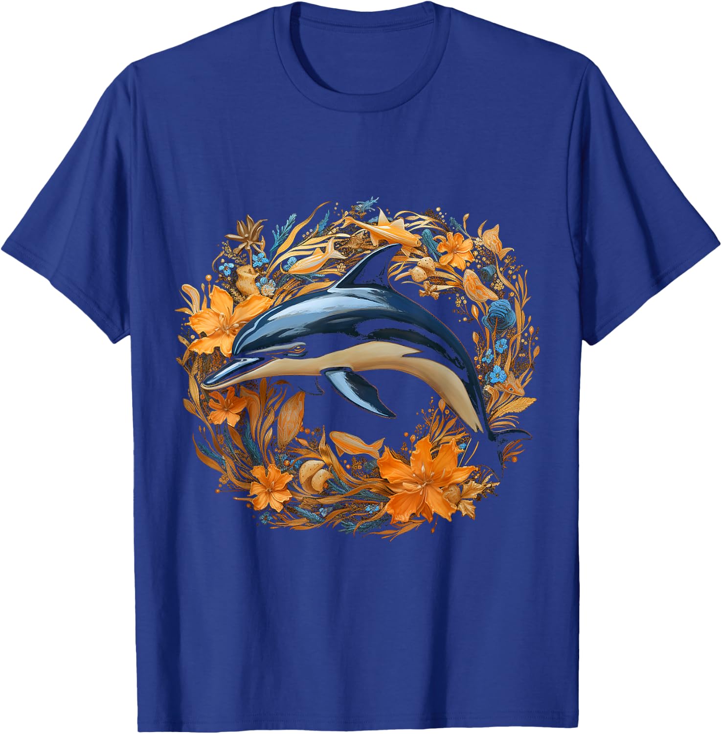 Dolphin Flowers Art Animal Sculpture Graphic Dolphin T-Shirt - T-Shirt | Royal