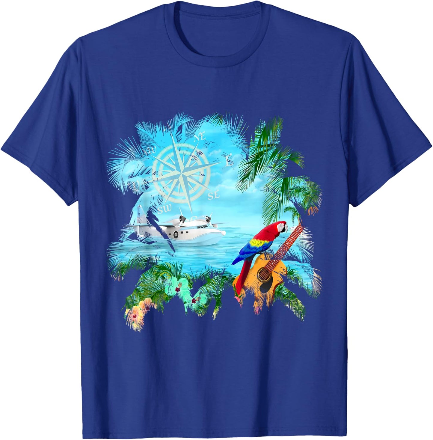 Beachside Dream Seaplane, Parrot, and Guitar T-Shirt - T-Shirt | Royal