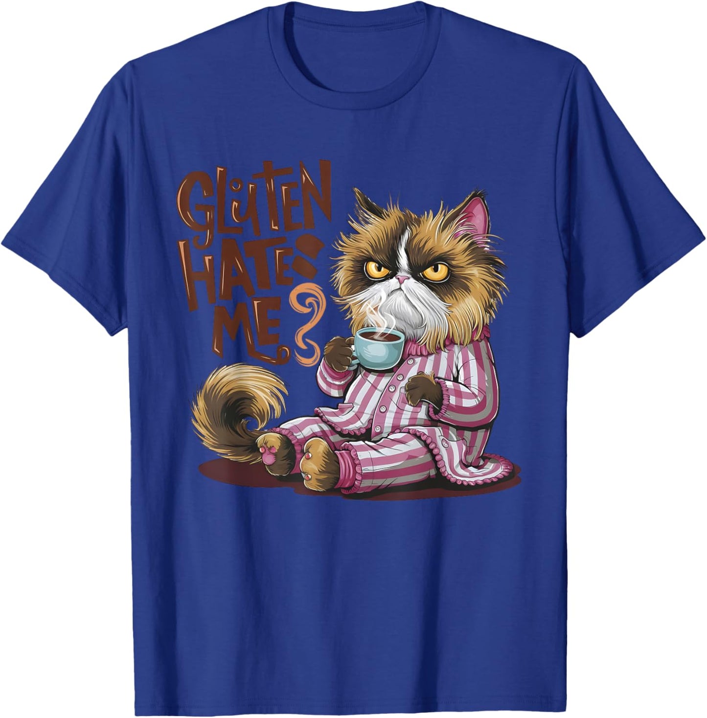 Gluten Hates Me Cat Drinking Coffee T-Shirt - T-Shirt | Royal