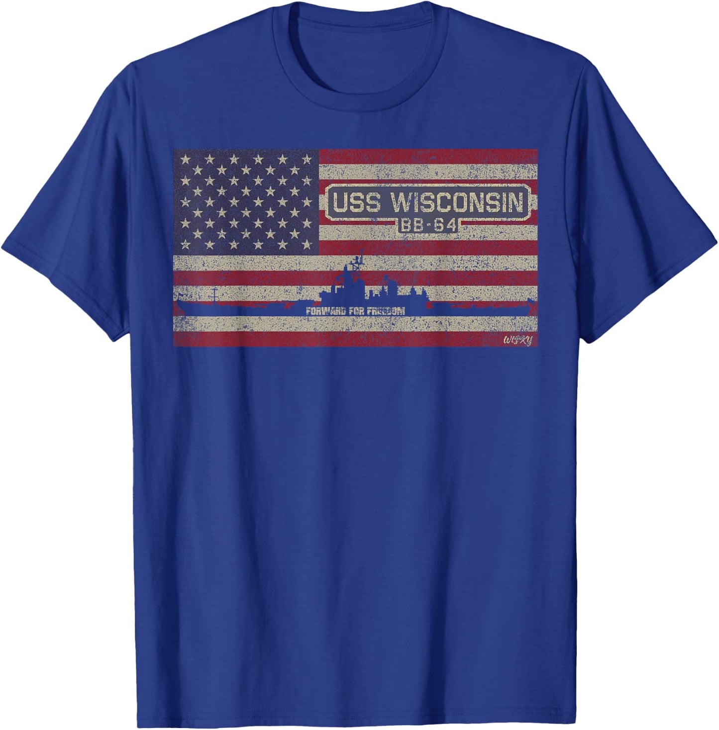 USS Wisconsin BB-64 Battleship USA American Flag T-Shirt - T-Shirt | Royal