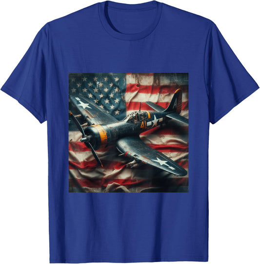 WW2 Warplane F4U Corsair Distressed American Flag Vintage T-Shirt - T-Shirt | Royal