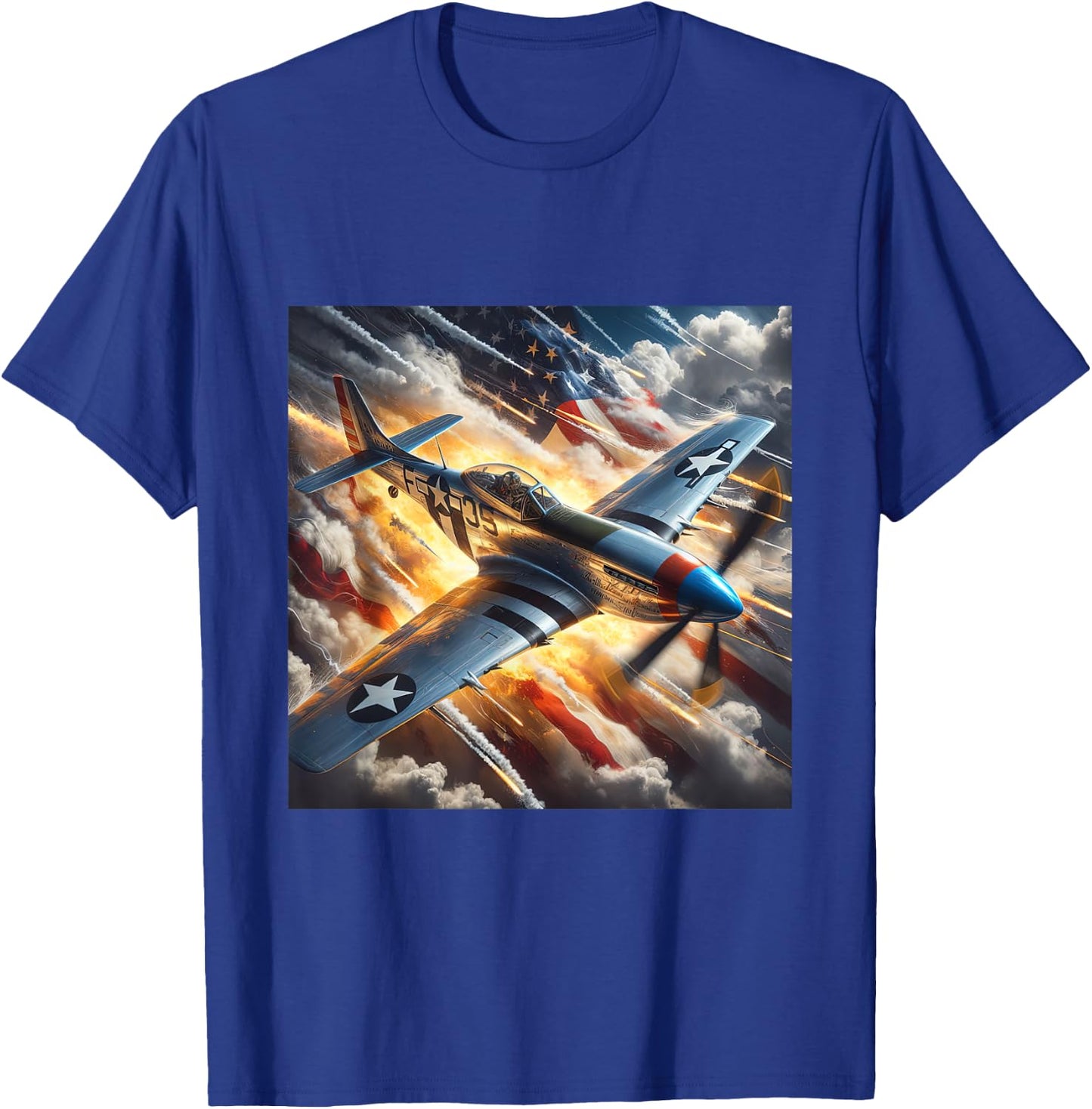 WWII Warbirds | P-51 Mustang in Dynamic Sky US Flag T-Shirt - T-Shirt | Royal