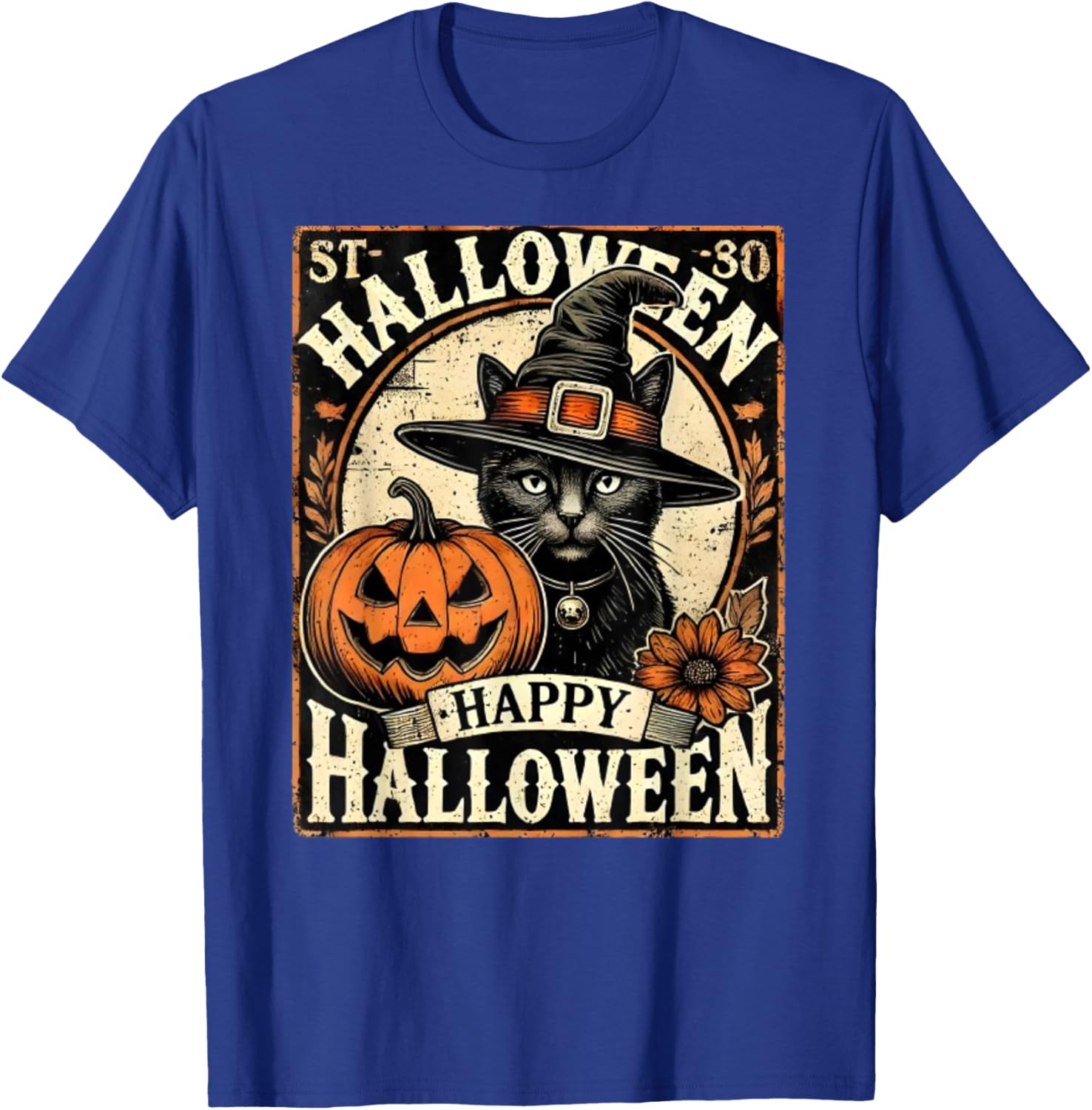 Vintage Halloween Shirt Black Cat With Witches Hat Women Kids T-Shirt - T-Shirt | Royal