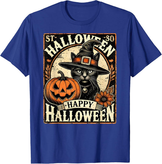 Vintage Halloween Shirt Black Cat With Witches Hat Women Kids T-Shirt - T-Shirt | Royal