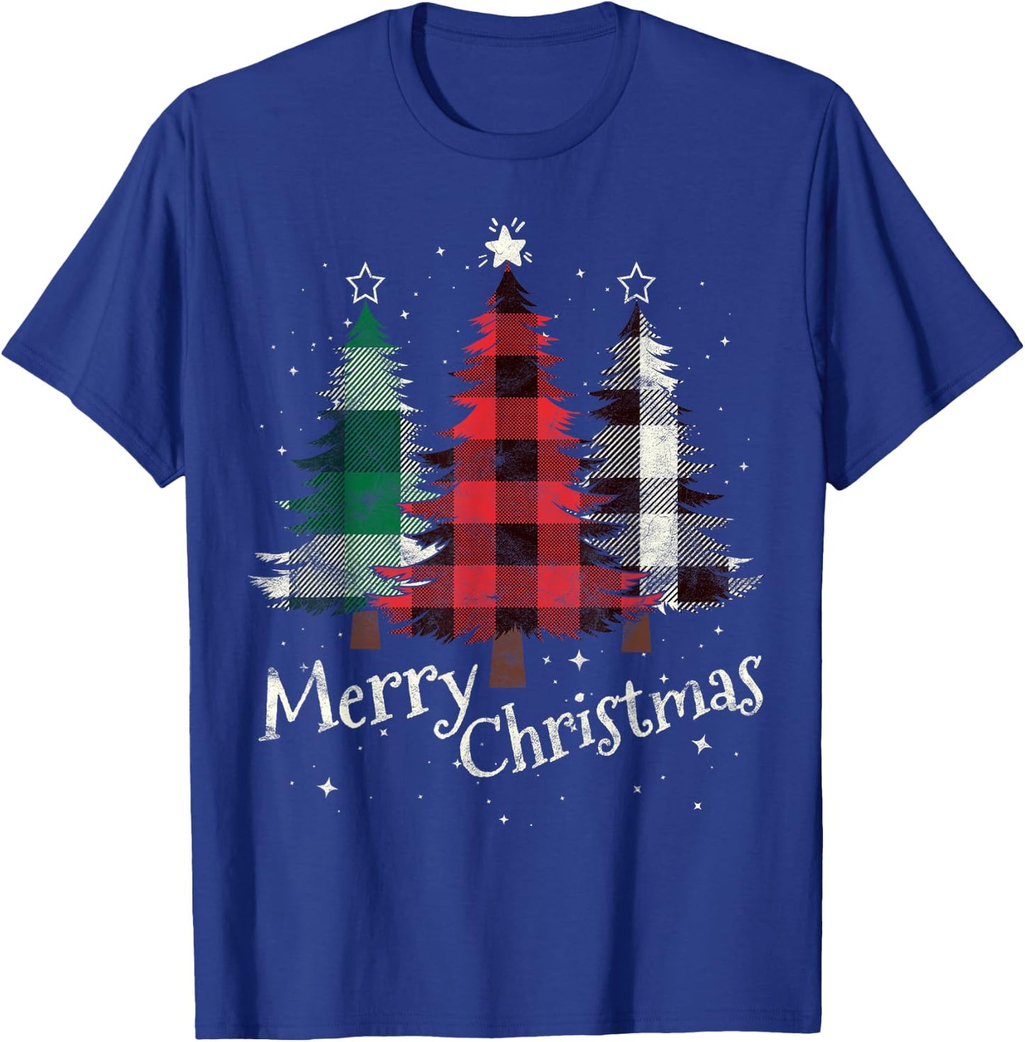 Merry Christmas Three Xmas Trees Buffalo Plaid Woman Gift T-Shirt - T-Shirt | Royal
