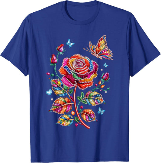 ColorSplash Creations Vibrant Multi-Colored Rose with Butterflies -Adults Cotton Polyester Short Sleeve Small Black Floral T-Shirt - T-Shirt | Royal