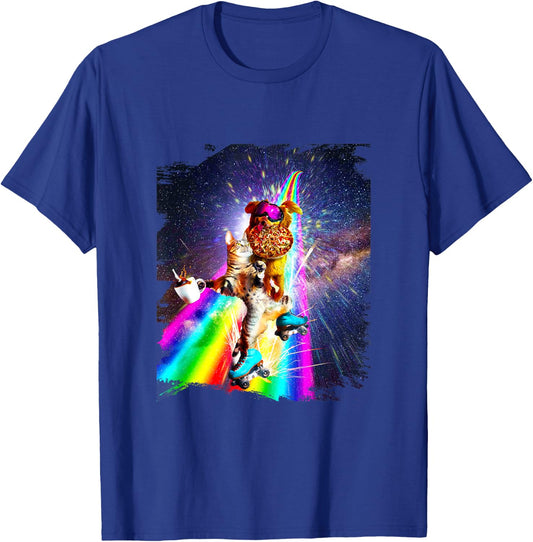 Dog Cat On Roller Skates With Pizza Coffee T-Shirt - T-Shirt | Royal