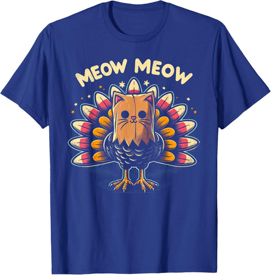 Funny Thanksgiving Shirt Women Kids Meow Cat Turkey T-Shirt - T-Shirt | Royal