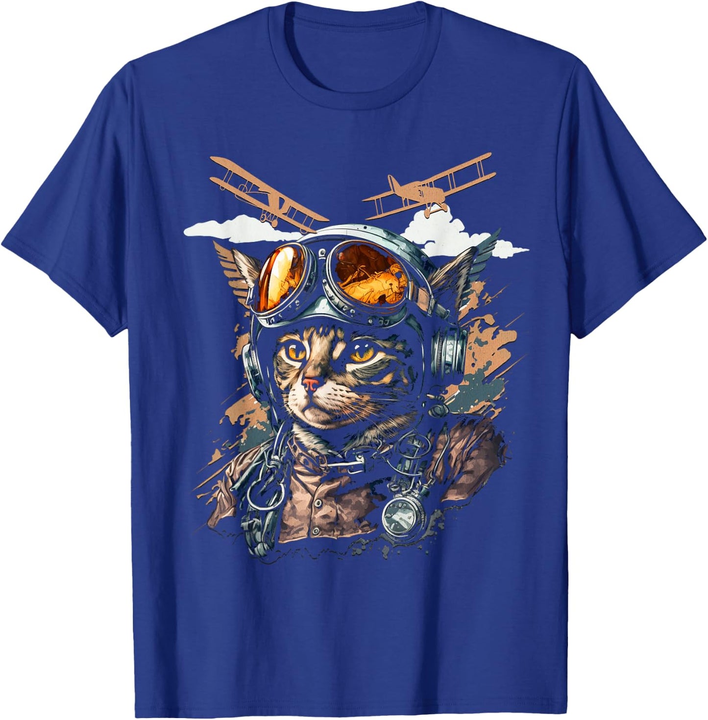 Funny Vintage Cat Airplane Pilot Women Kids T-Shirt - T-Shirt | Royal