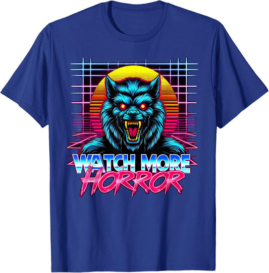Watch More Horror Retro 80s Synthwave Style Werewolf Graphic T-Shirt - T-Shirt | Royal
