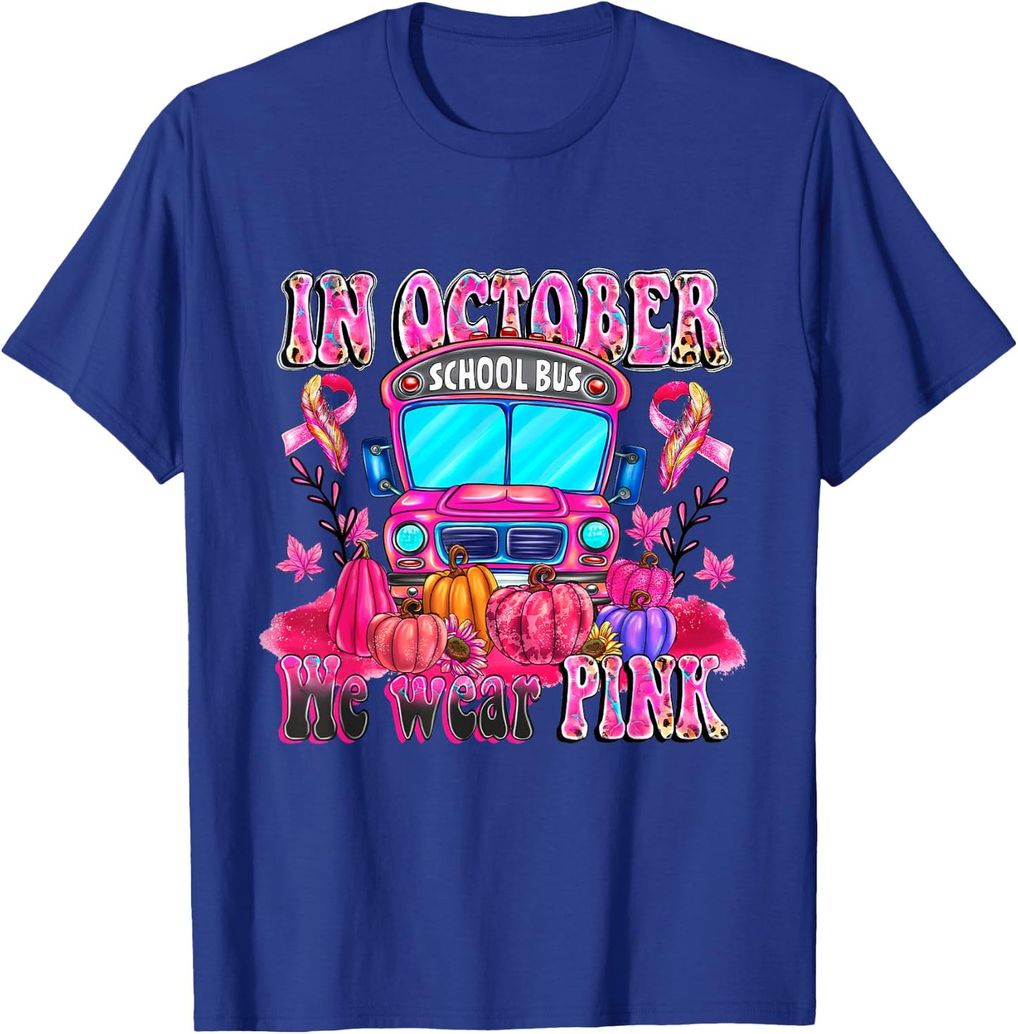 In October We Wear Pink School Bus Halloween Skeleton Outfit T-Shirt - T-Shirt | Royal