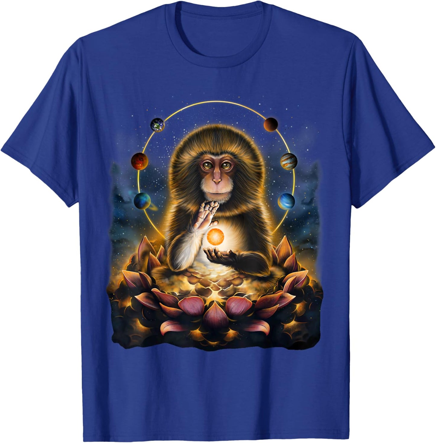 Celestial Monkey Holding Sun Surrounded by Planets and Lotus T-Shirt - T-Shirt | Royal