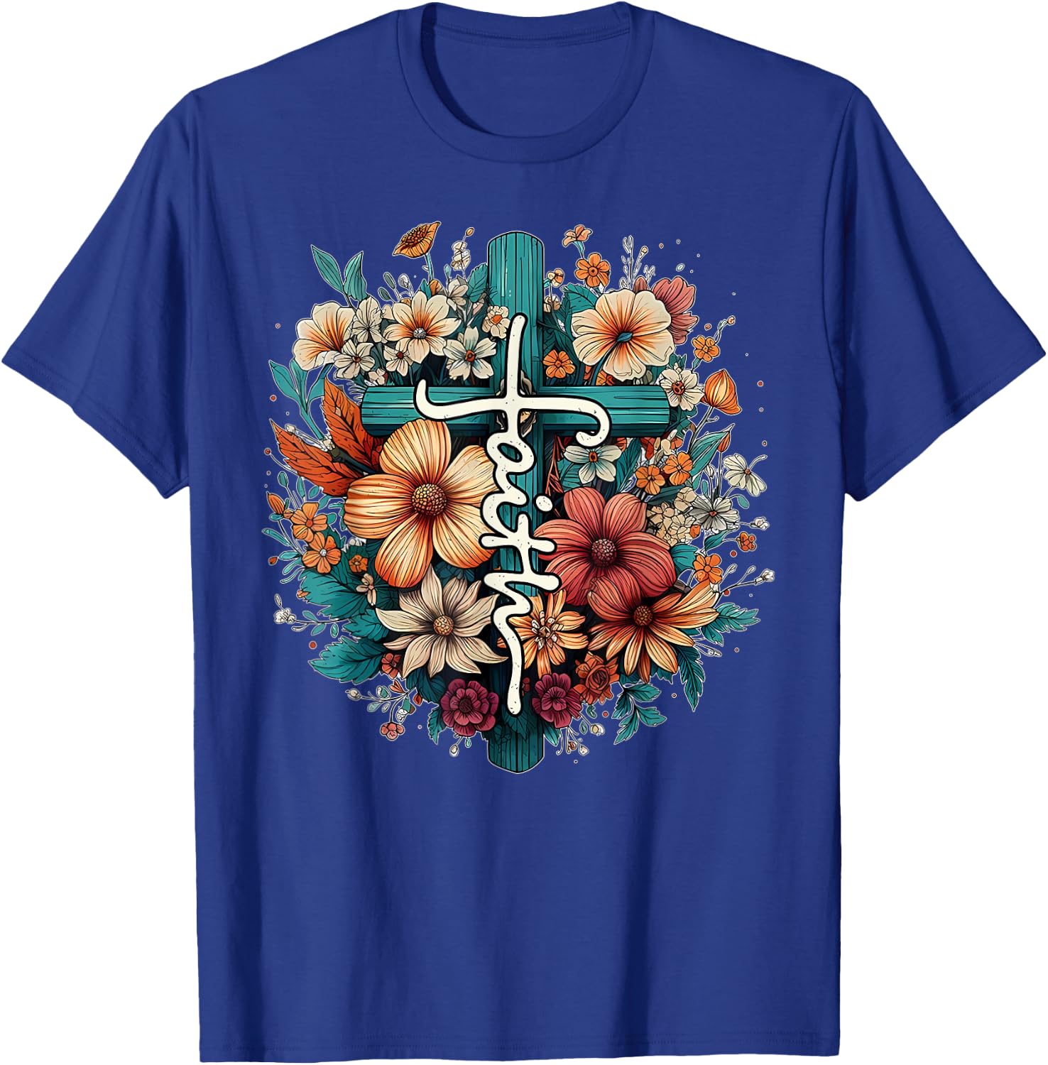 Retro Floral Christian Butterfly Faith Cross Vintage Faith T-Shirt - T-Shirt | Royal