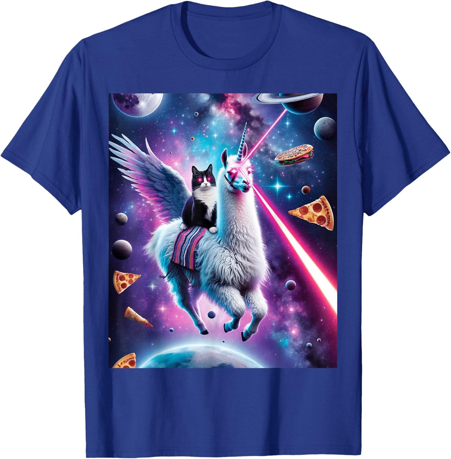 Laser Eyes Outer Space Cat Riding Llama Unicorn Ufo Tacos T-Shirt - T-Shirt | Royal