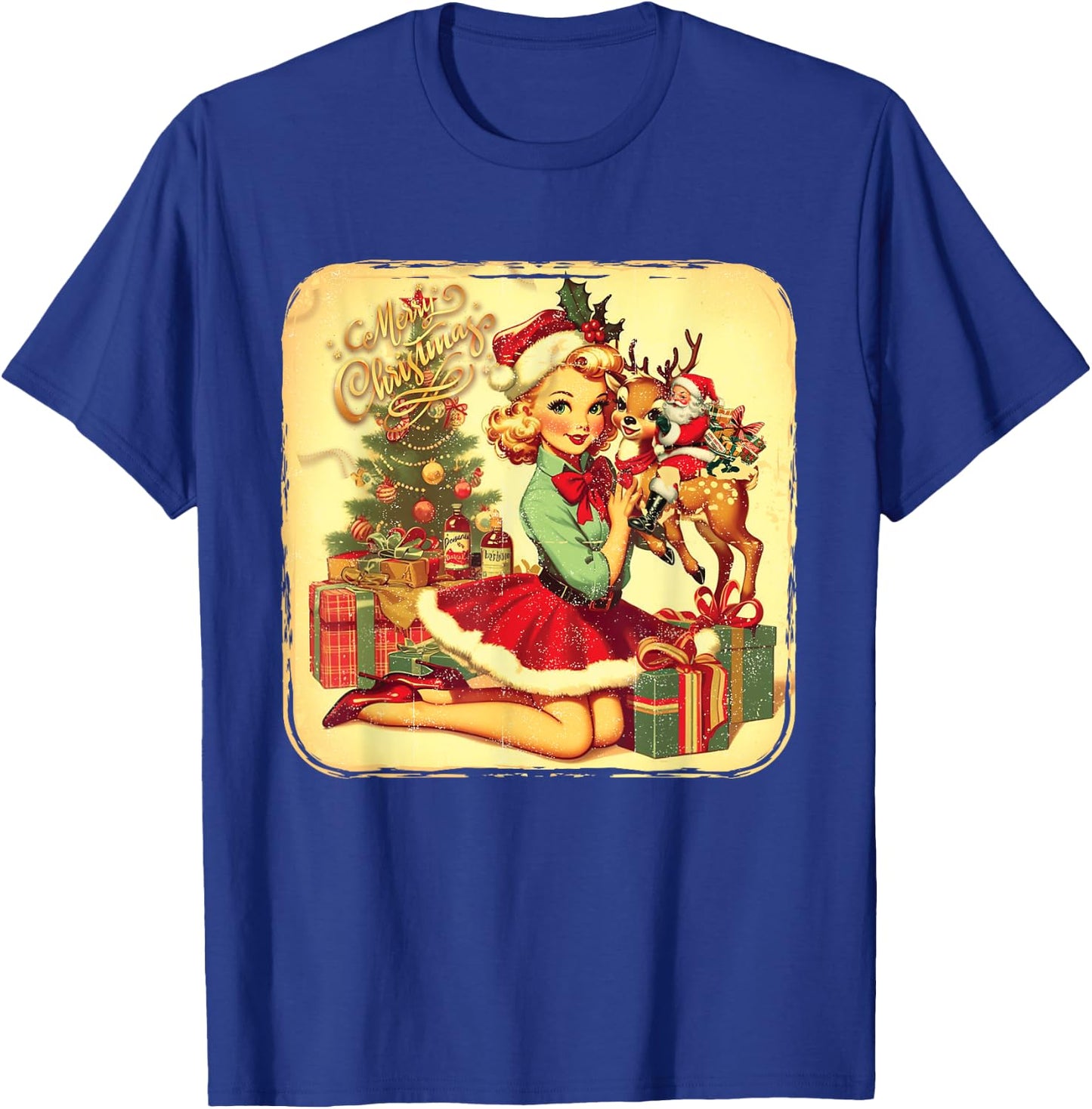 Vintage Pin Up Little Girl Reindeer Retro 1950S Christmas T-Shirt - T-Shirt | Royal