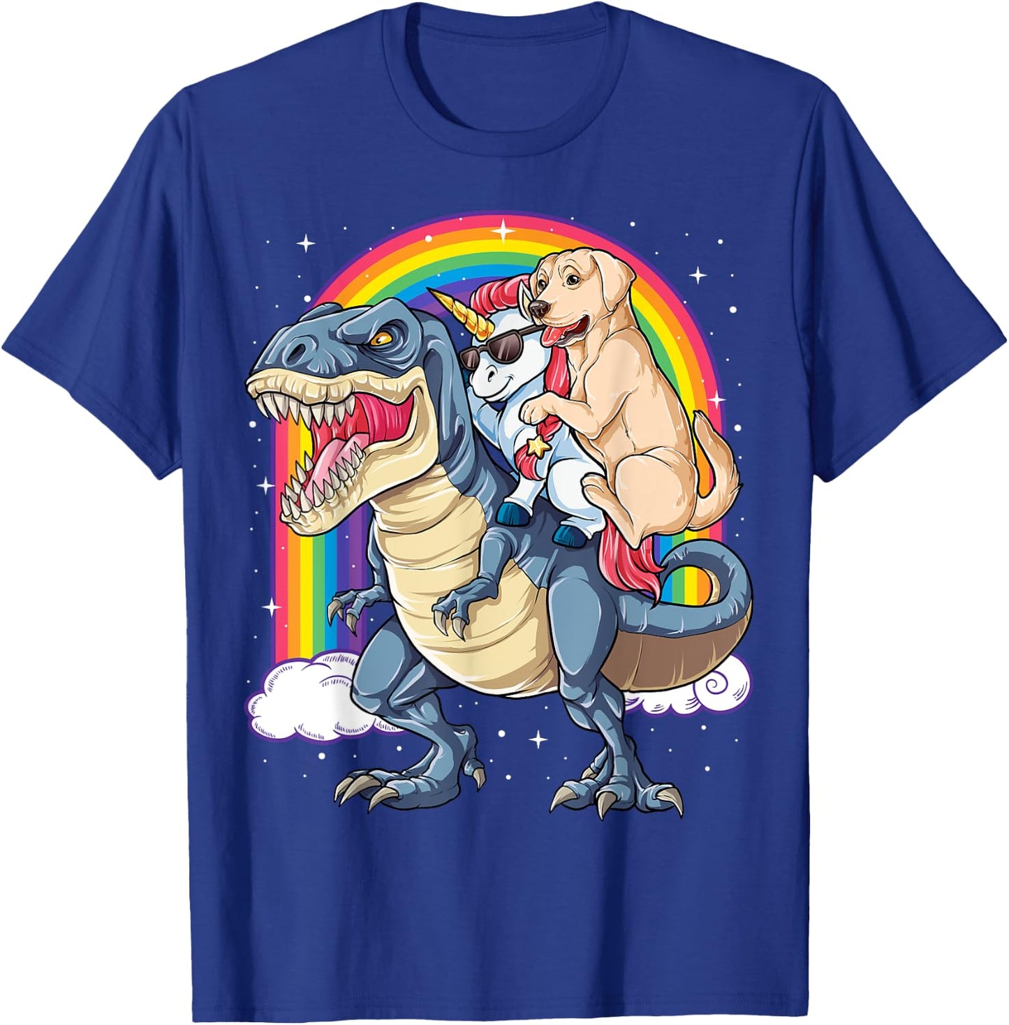 Labrador Unicorn Riding Dinosaur T-rex Girls Kids Rainbow T-Shirt - T-Shirt | Royal