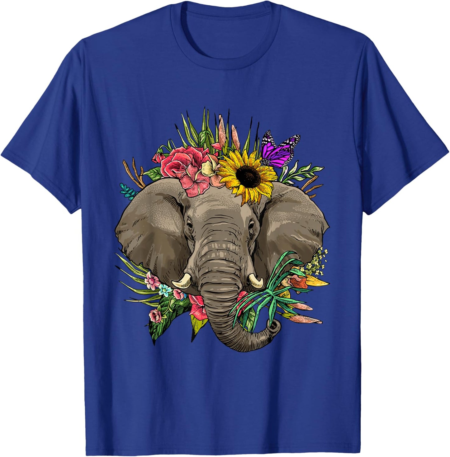 Wowsome! Elephant Floral Animal Face Elephant Lovers -Adults T-Shirt - T-Shirt | Royal