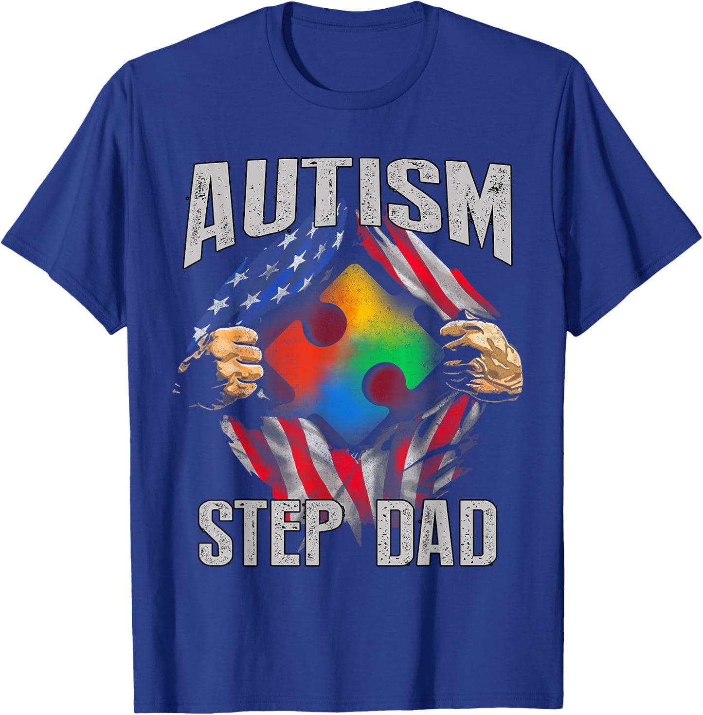 Autism Step Dad American Flag Autism Awareness T-Shirt - T-Shirt | Royal