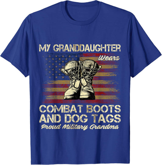 My Granddaughter Wears Combat Boots and Dog Tags Veteran Women Kids T-Shirt - T-Shirt | Royal