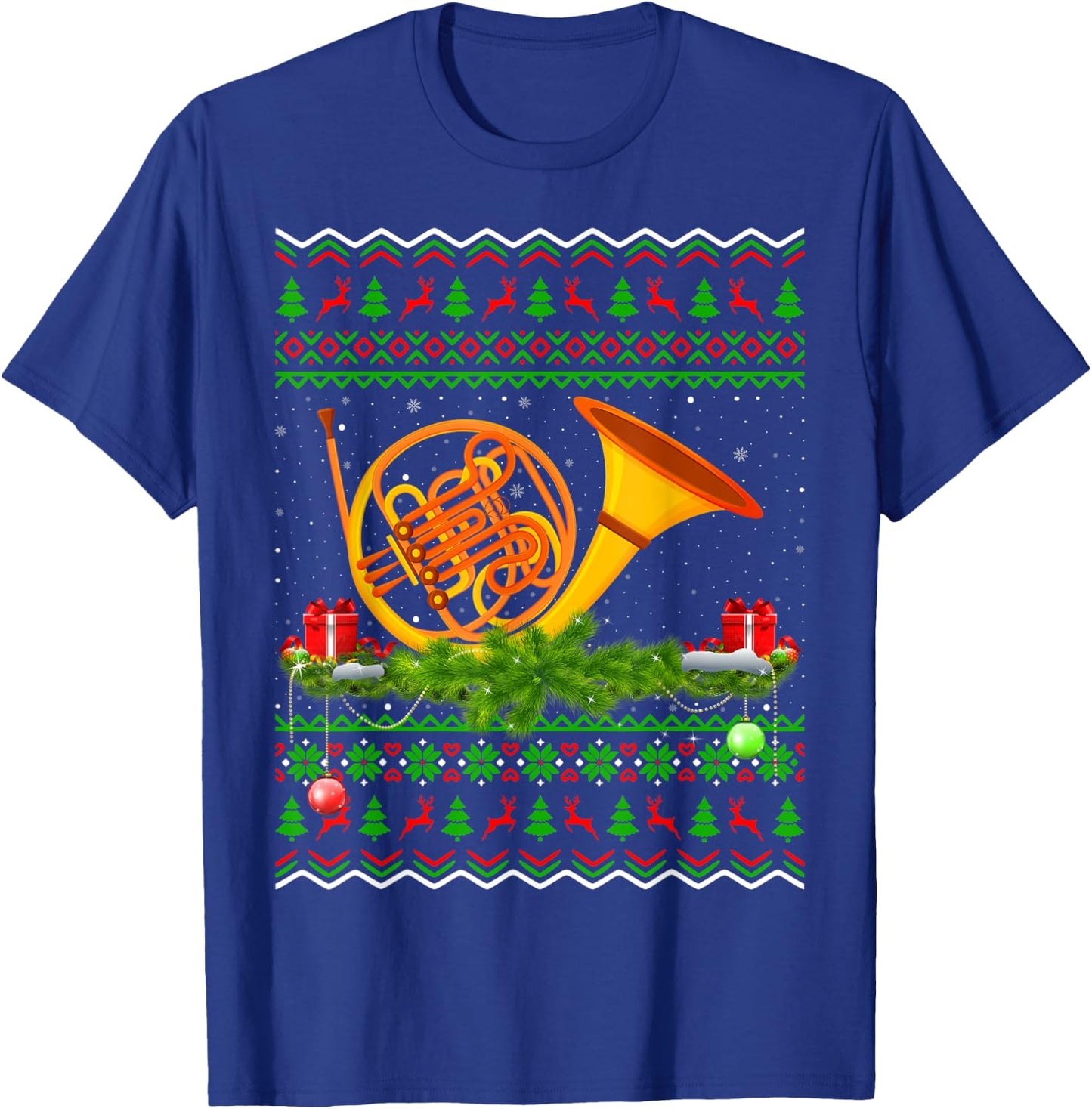 French Horn Music Lover Xmas Gift Ugly French Horn Christmas T-Shirt - T-Shirt | Royal