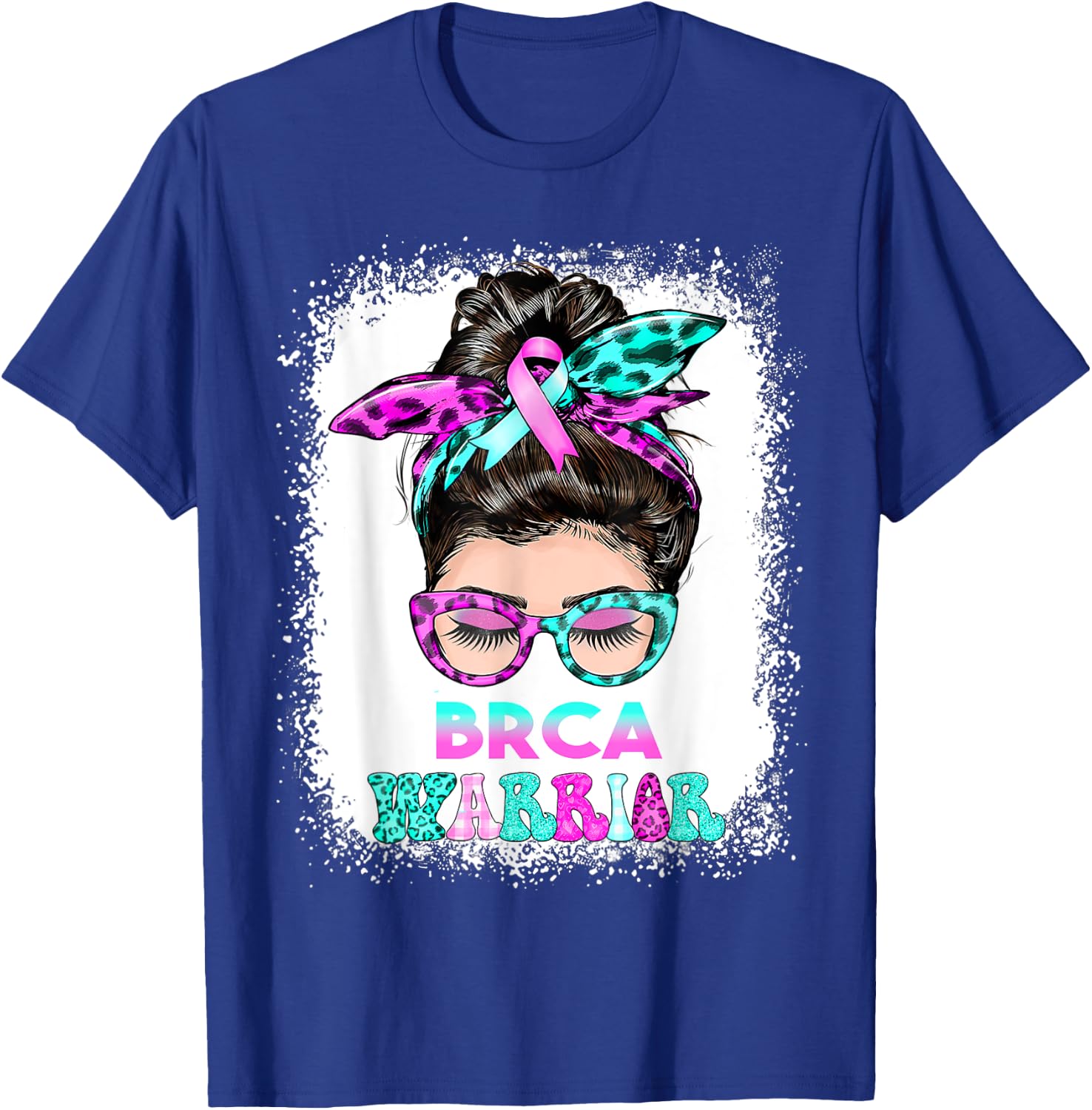 BRCA Warrior, pink-teal Messy Bun Breast Cancer Awareness T-Shirt - T-Shirt | Royal
