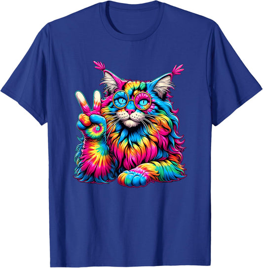 Peace Sign Tie Dye Maine Coon Cat Men Women Kids T-Shirt - T-Shirt | Royal