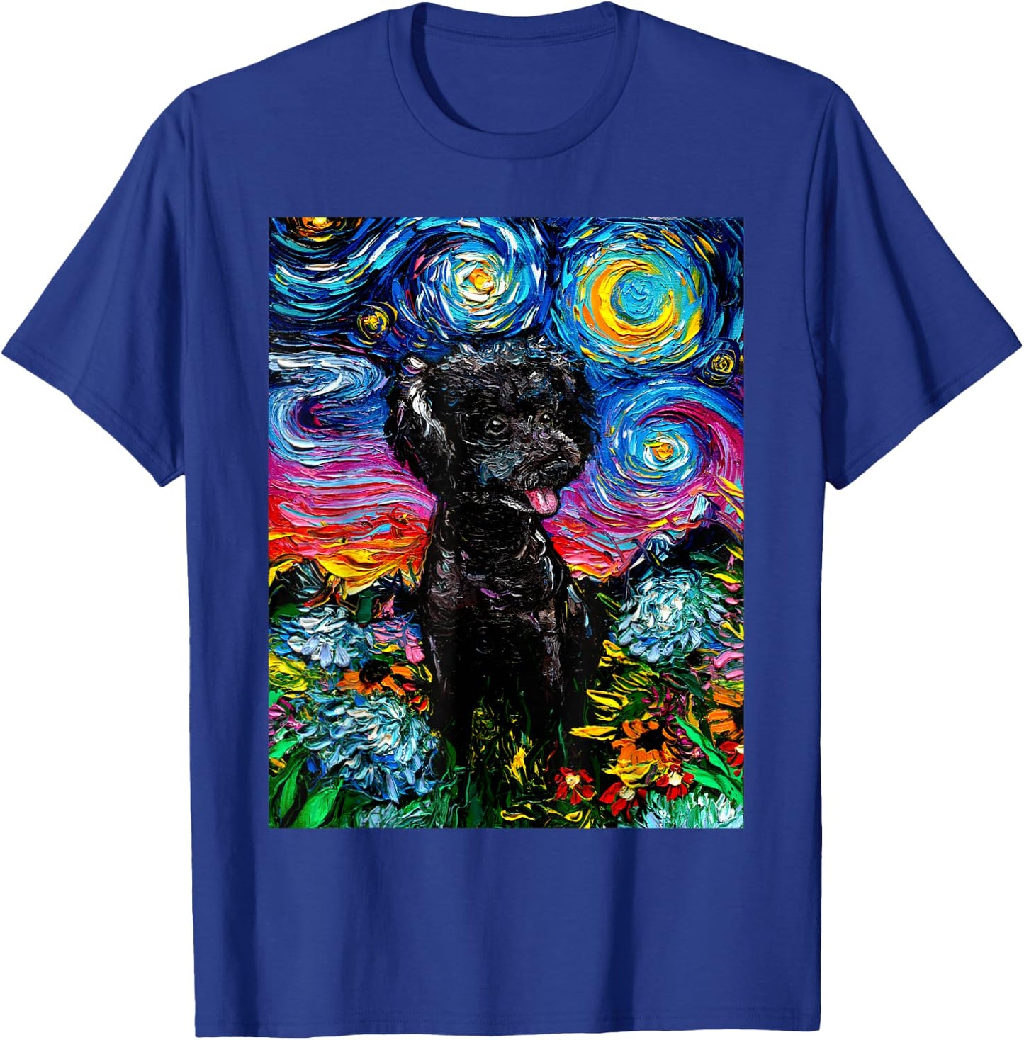 Cute Black Poodle and Flowers Starry Night Dog Art by Aja Women Kids T-Shirt - T-Shirt | Royal