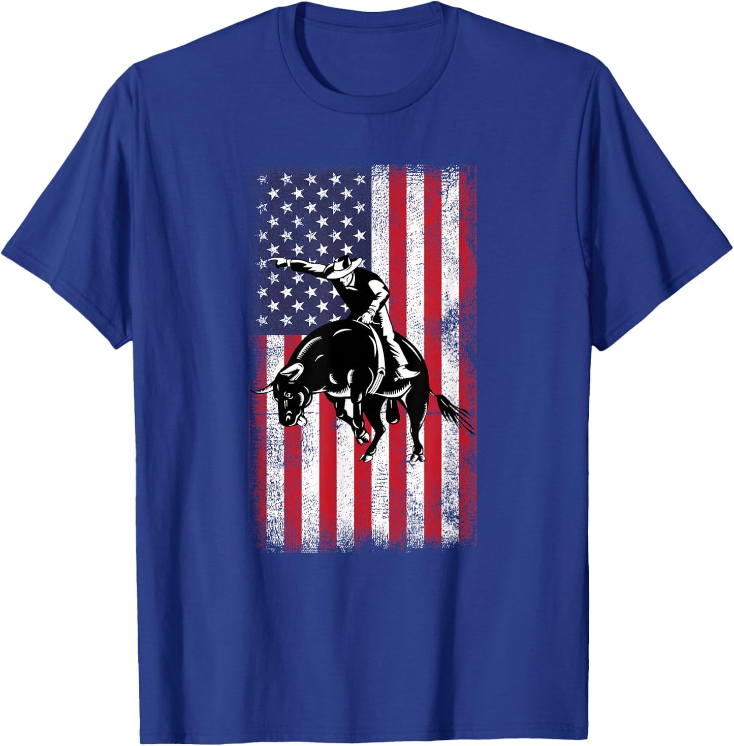 Rodeo Bull Rider Cowboys Patriotic American Flag Vintage T-Shirt - T-Shirt | Royal