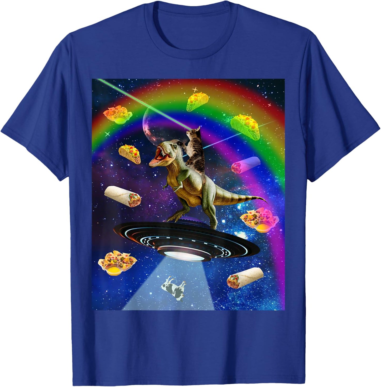 Laser Eyes Outer Space Cat Riding On T-Rex Dinosaur Women T-Shirt - T-Shirt | Royal