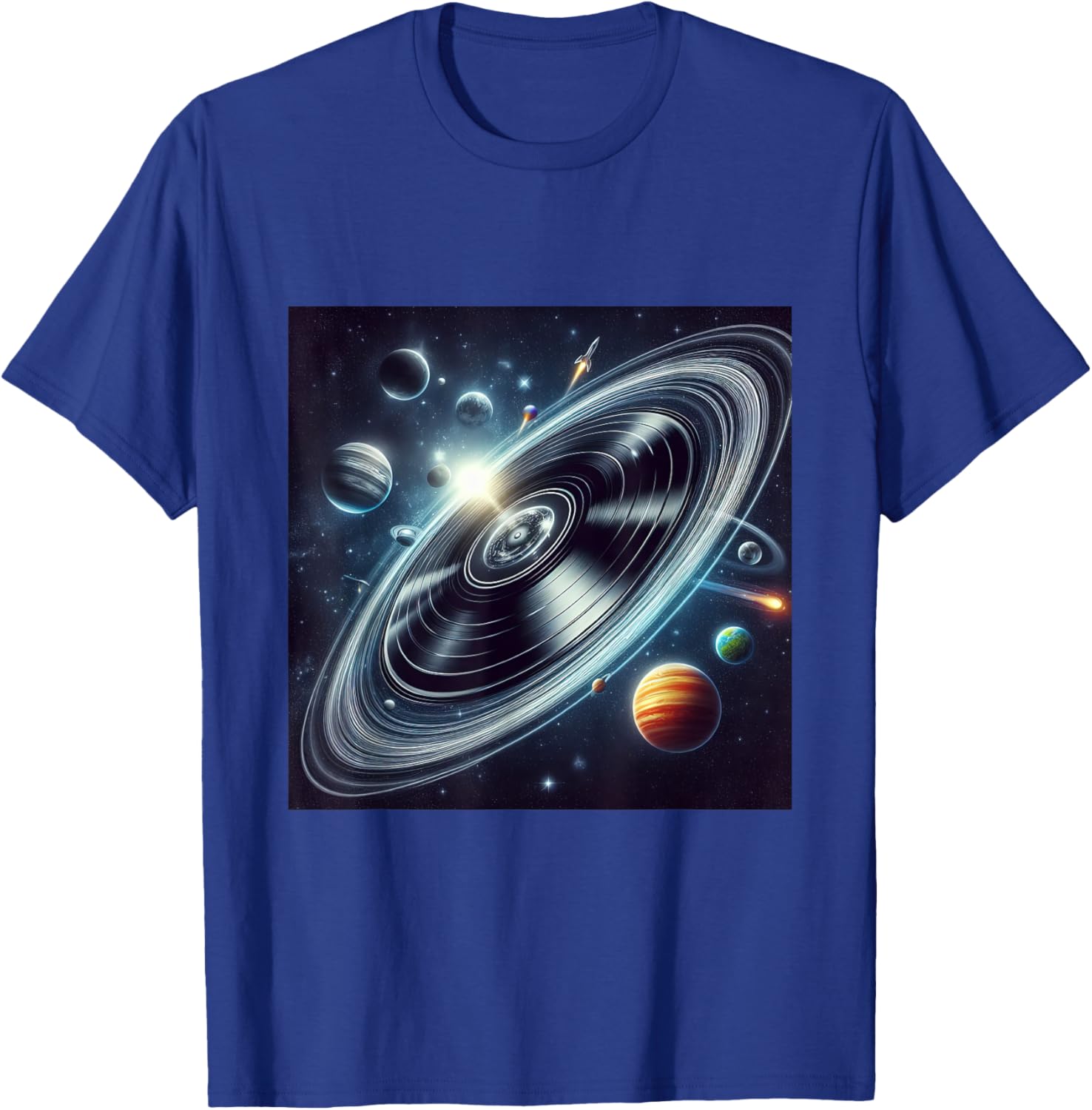 Vinyl Record Orbiting Through Space Cosmic Trails Planets T-Shirt - T-Shirt | Royal