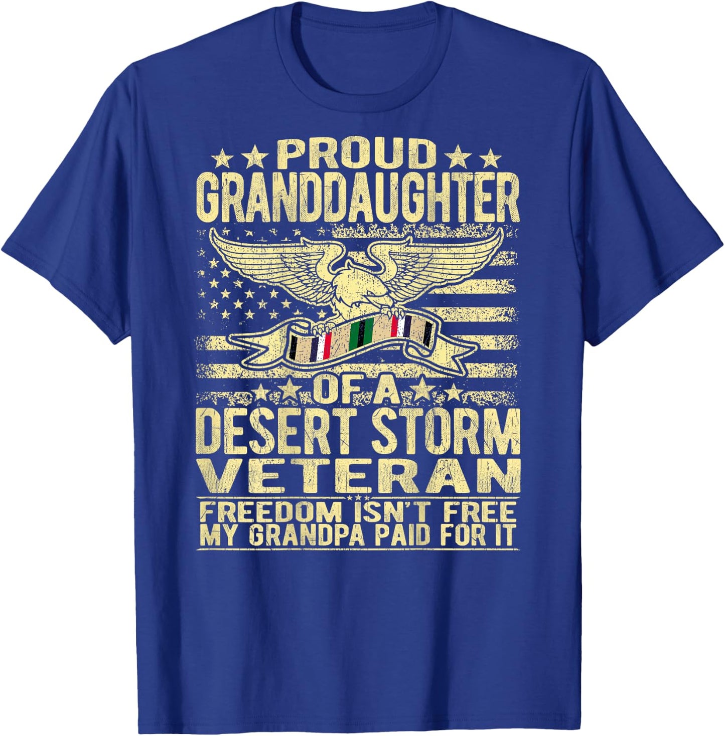 Proud Granddaughter Of A Desert Storm Veteran Ribbon US Flag T-Shirt - T-Shirt | Royal