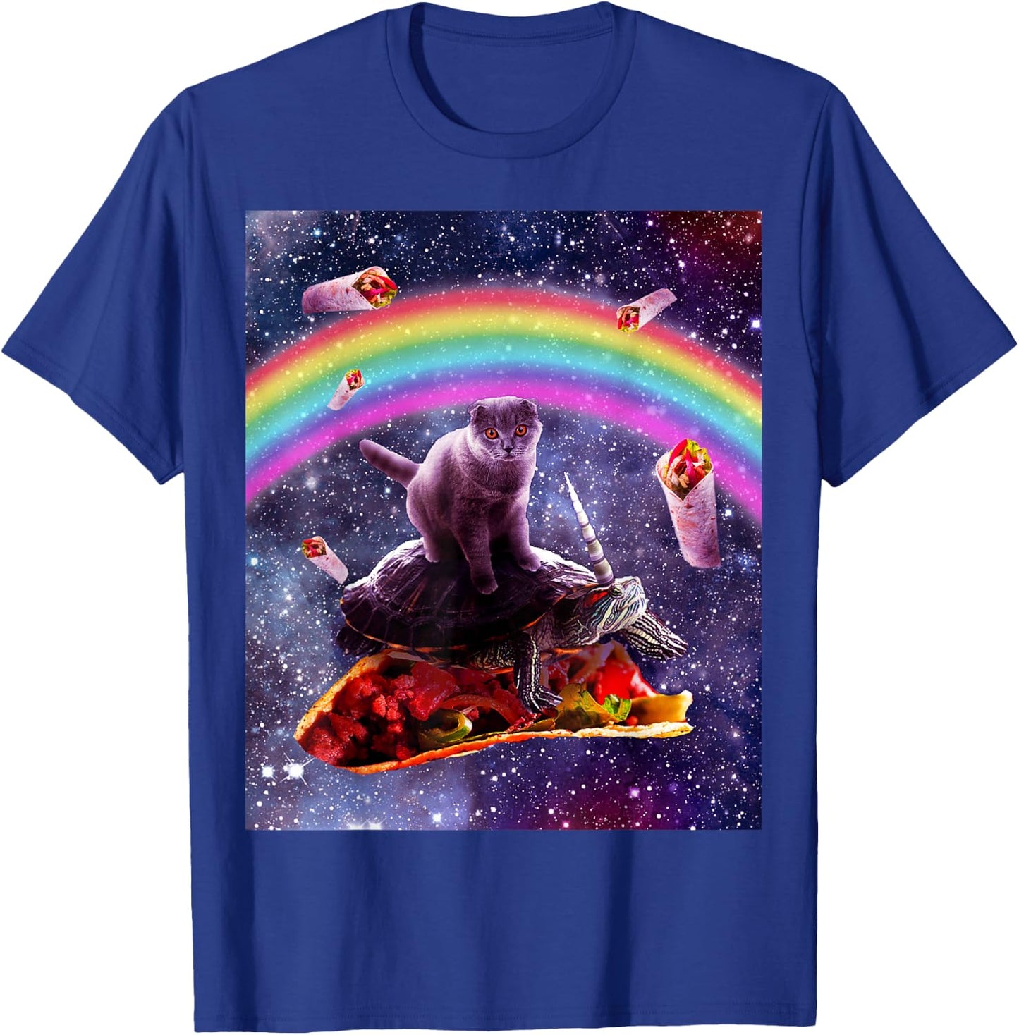 Space Cat Riding Turtle Unicorn - Taco & Burrito T-Shirt - T-Shirt | Royal