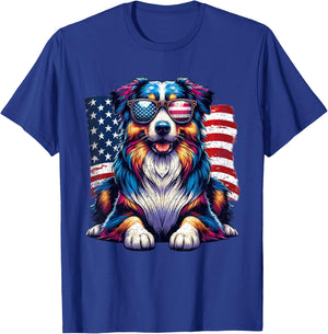 Vintage Australian Shepherd American Flag Pets Dogs USA US T-Shirt - T-Shirt | Royal