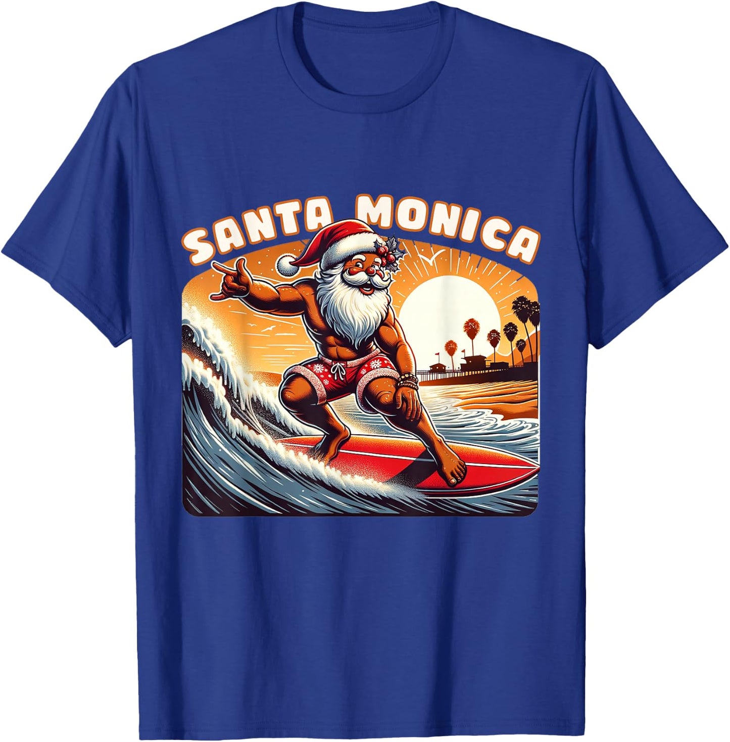 Santa Monica Claus Christmas Santa Monica California Surfer T-Shirt - T-Shirt | Royal