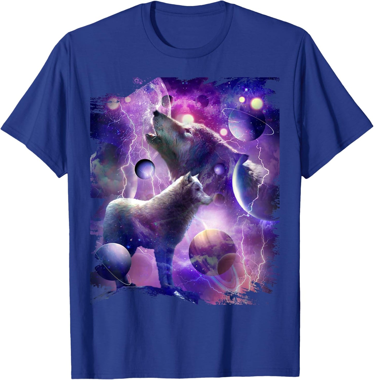Cosmic Wolf Howling at Moon in Space T-Shirt - T-Shirt | Royal