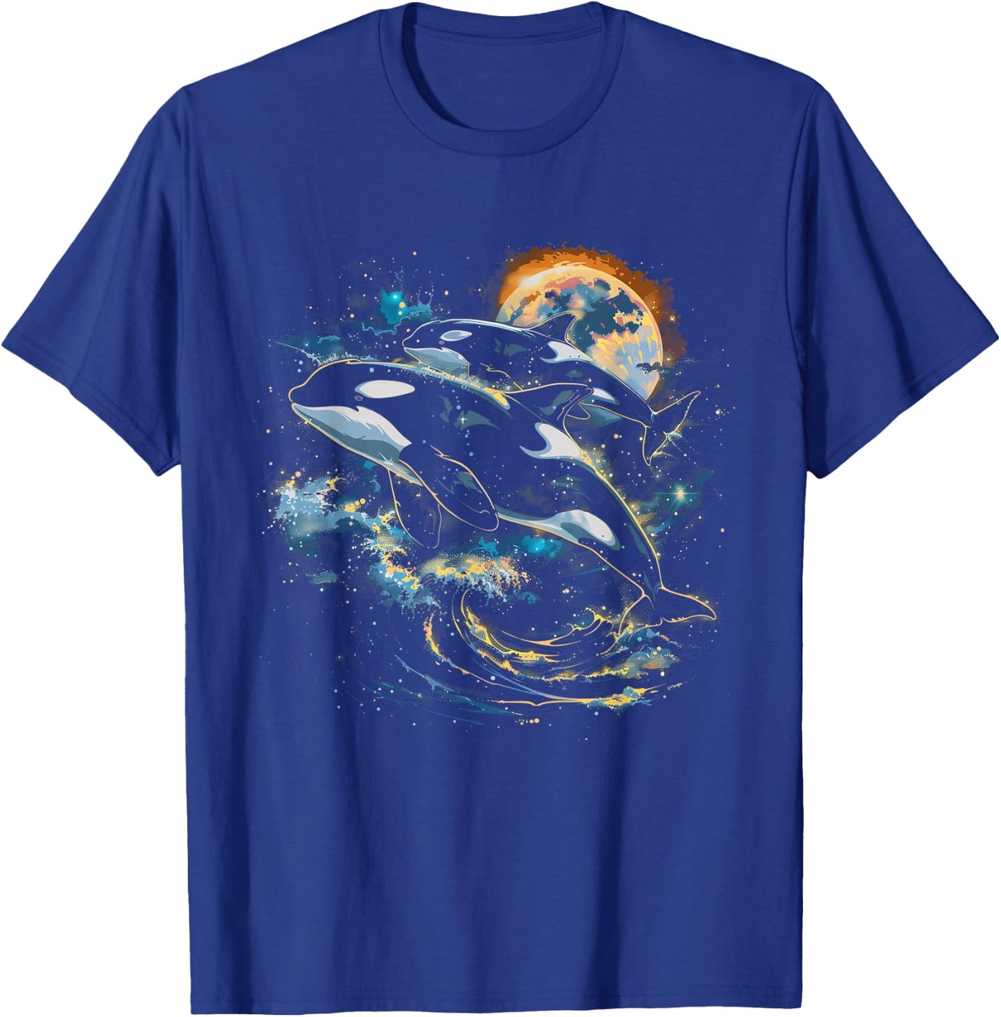 Orca In Space, Planets, Stars, Wall Lovers T-Shirt - T-Shirt | Royal