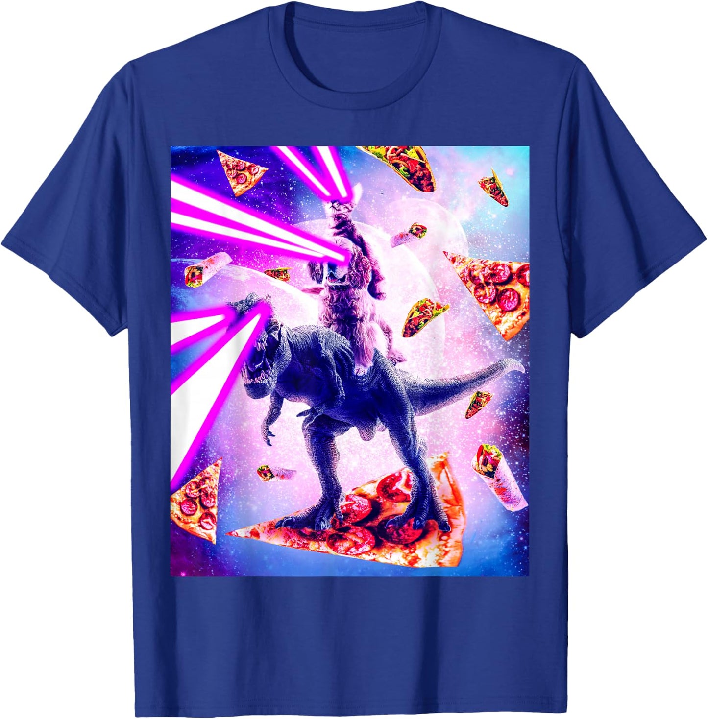 Laser Eyes Space Cat Riding Dog And Dinosaur T-Shirt - T-Shirt | Royal