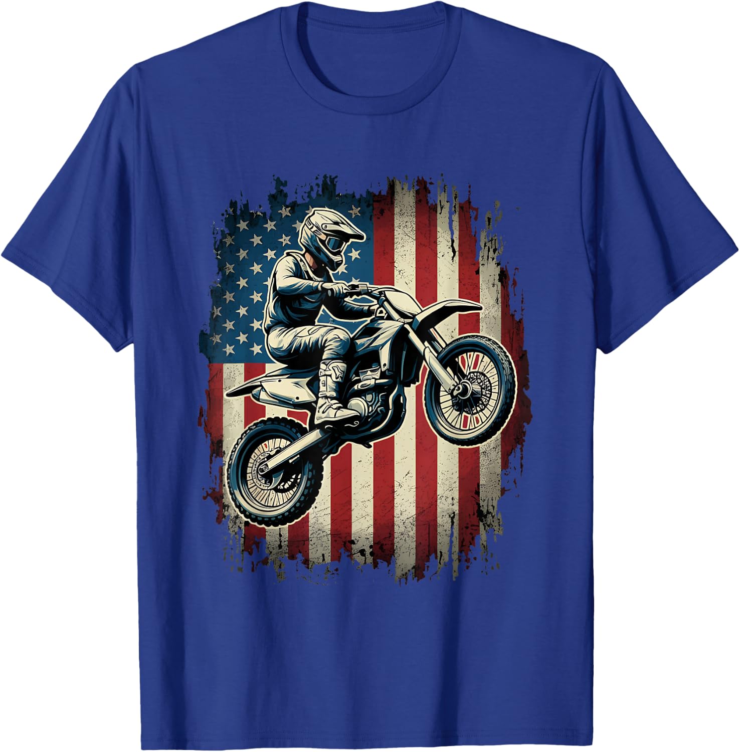 Dirt Bike American Flag Motocross Biker USA Vintage T-Shirt - T-Shirt | Royal