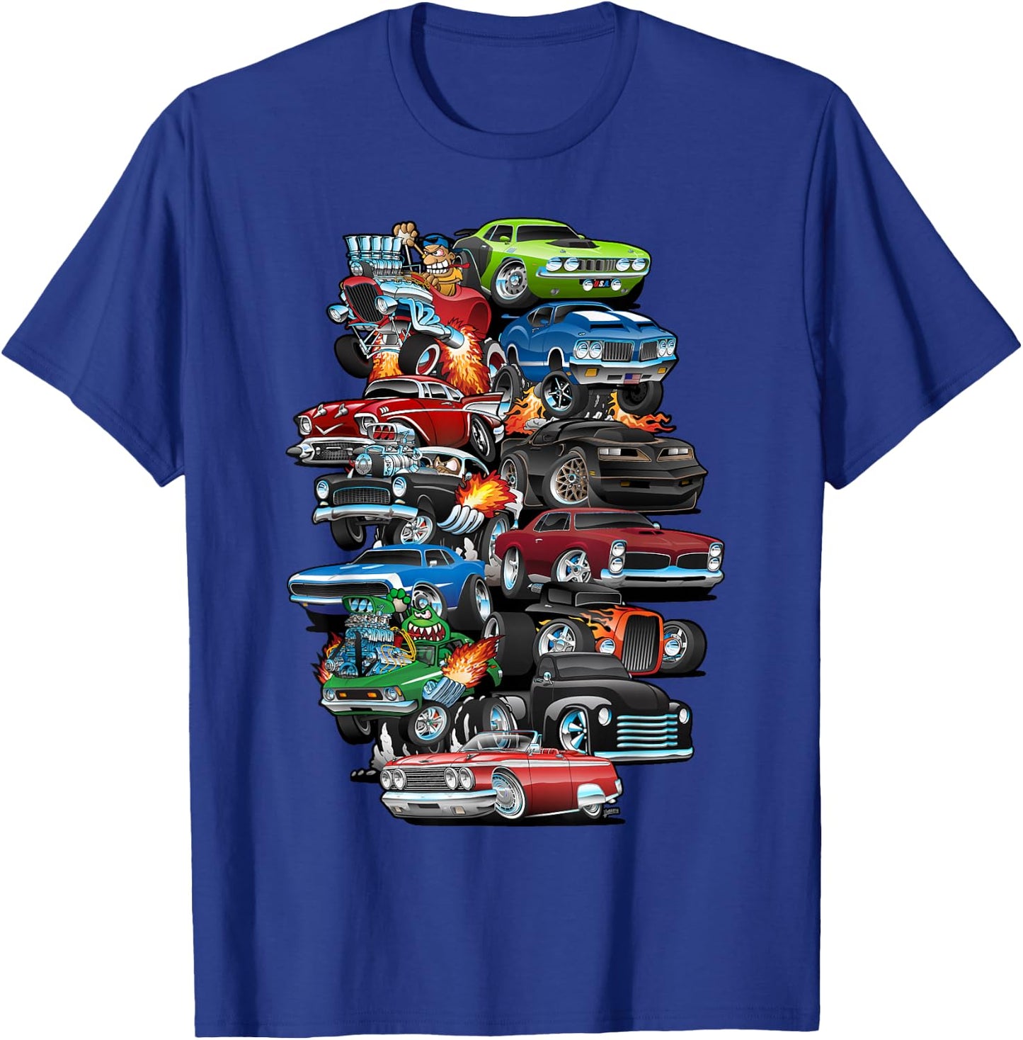 Car Madness! Muscle Cars, Classic Cars and Hotrods Cartoon T-Shirt - T-Shirt | Royal