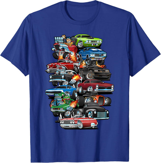 Car Madness! Muscle Cars, Classic Cars and Hotrods Cartoon T-Shirt - T-Shirt | Royal
