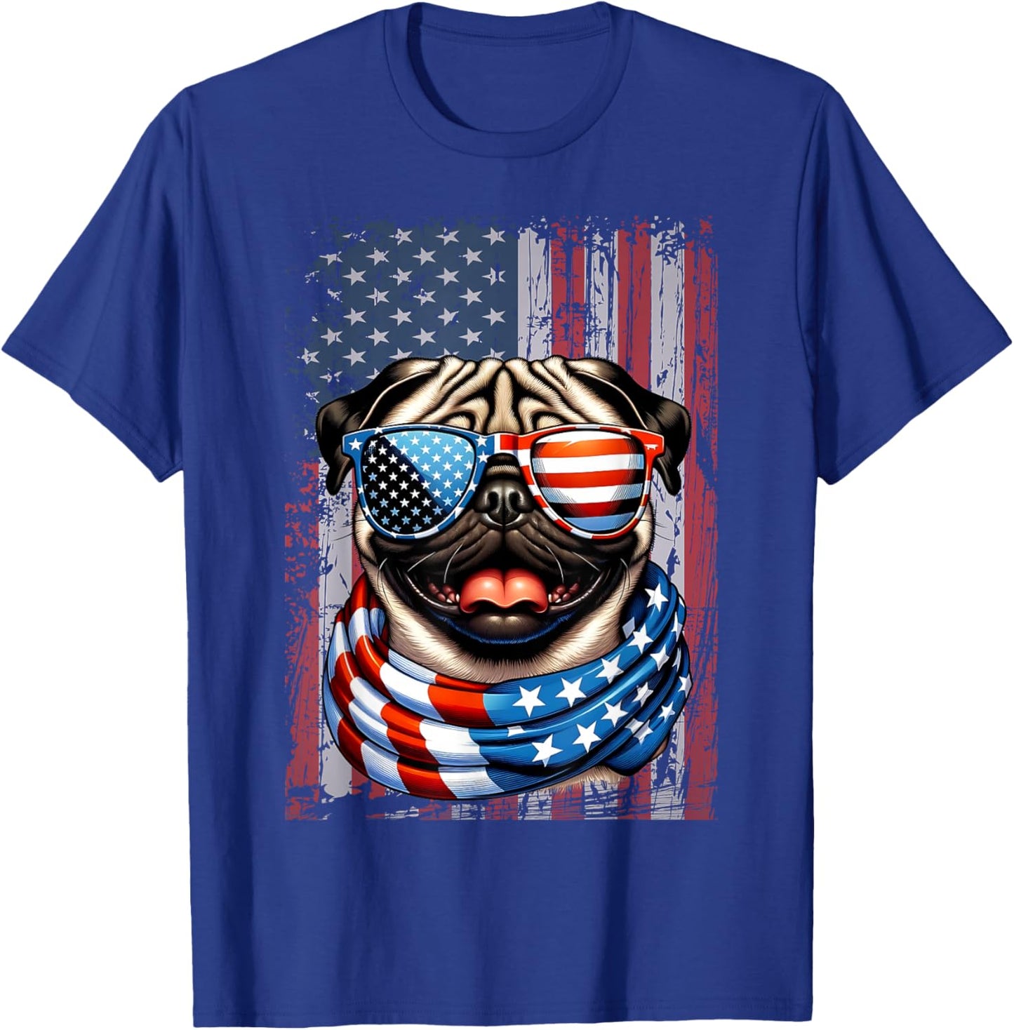 Pug Dog Lover US Flag 4th of July Patriotic T-Shirt - T-Shirt | Royal