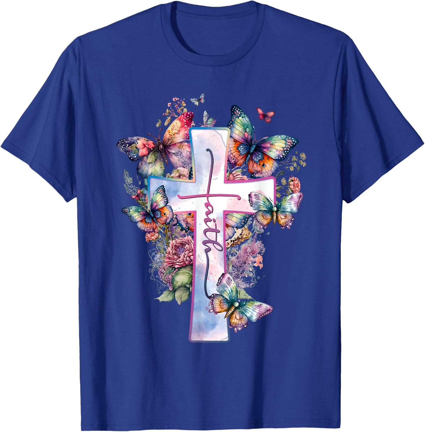 Faith-Cross Floral Butterflies Christ Flowers Religious T-Shirt - T-Shirt | Royal