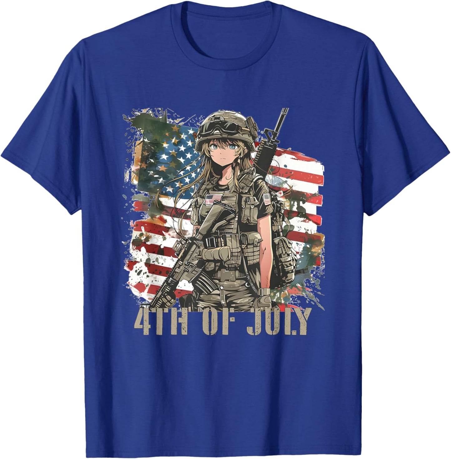4th Of July Military Anime Girl Patriotic Kid Women USA Flag T-Shirt - T-Shirt | Royal